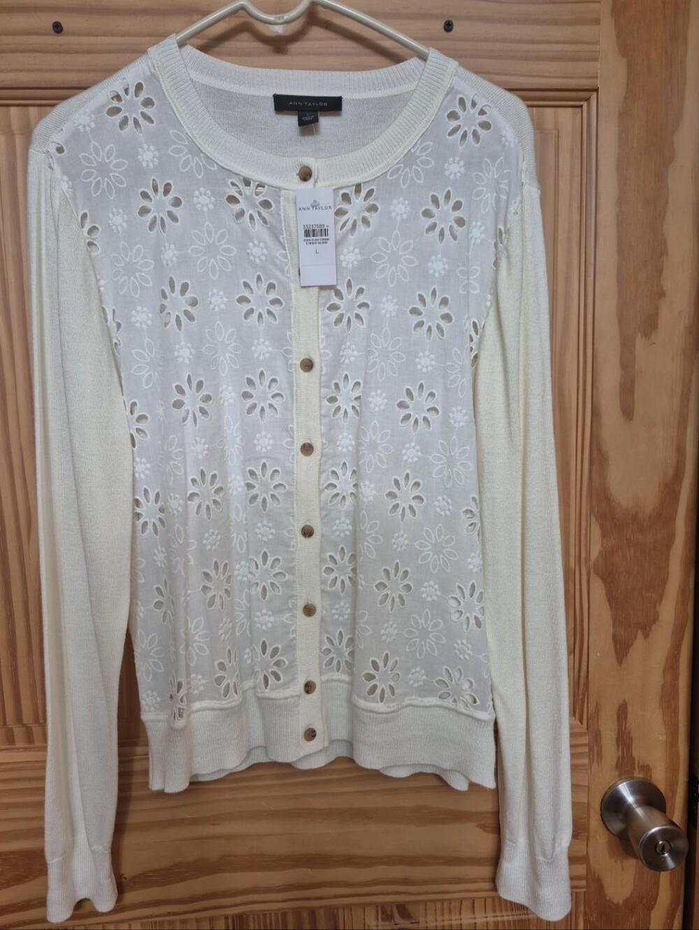 Ann Taylor Large Ivory Floral Eyelet Cardigan Sweater Button